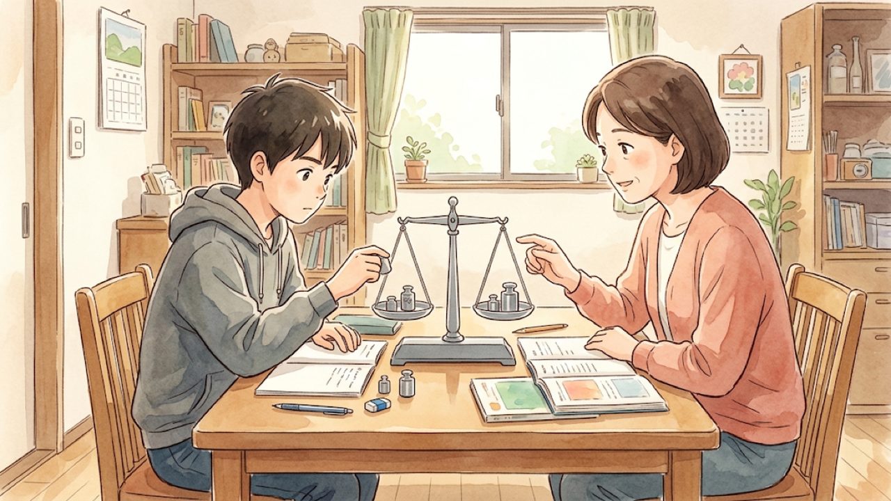 中学1年の数学｜一次方程式を考え活用する｜家庭学習のコツと手順を整理した温かい手描き風イラスト