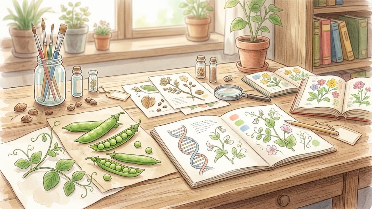 エンドウ豆のさやと二重らせんのスケッチをやさしく描いた手描き水彩イラスト