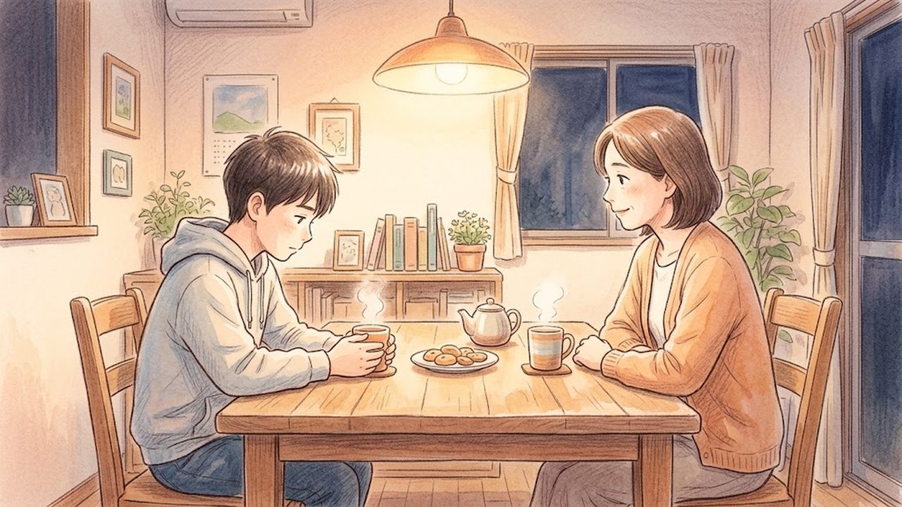 自律と責任の教え方|家庭で自分の判断と責任について対話する手描き風イラスト