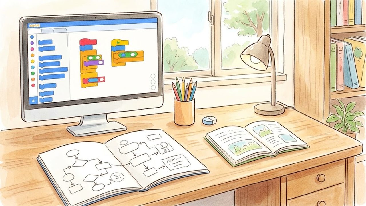 ブロックプログラミング画面とフローチャートが置かれた机の様子をやさしく描いた手描き水彩イラスト