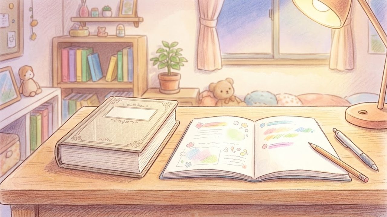 国語辞典とノートが置かれた落ち着いた学習机の様子をやさしく描いた手描き水彩イラスト