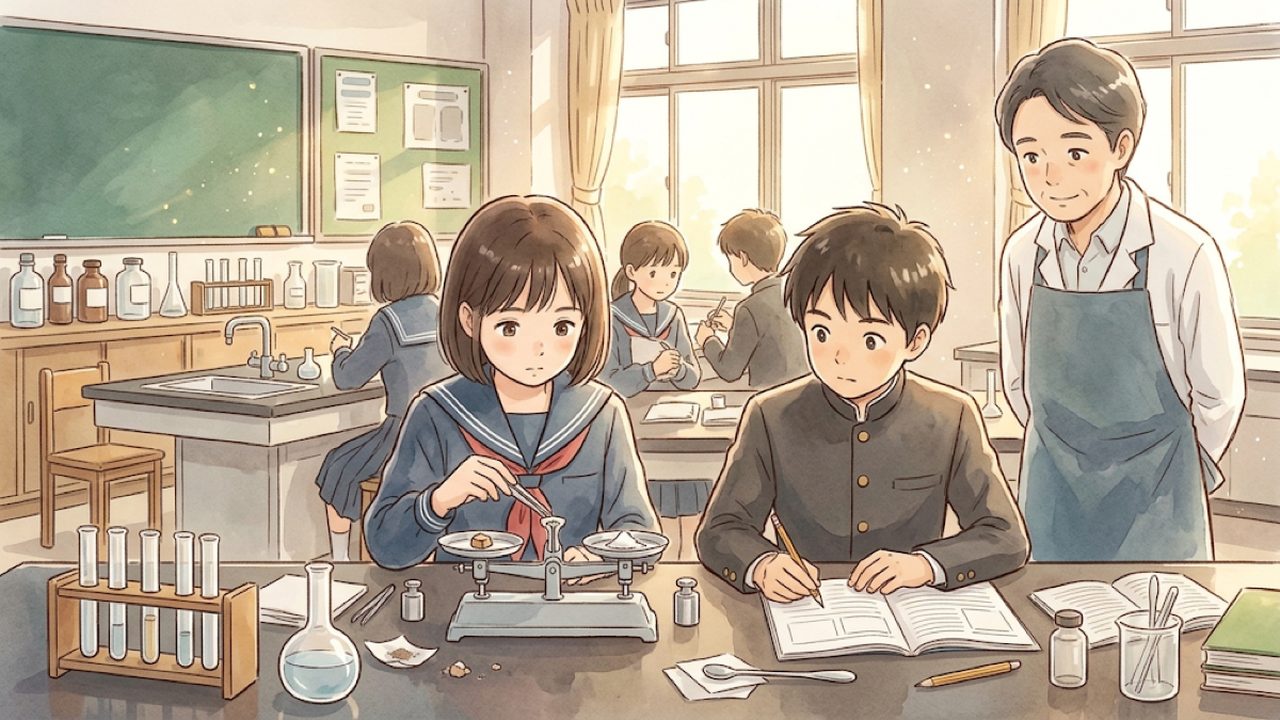 化学反応と粒子の教え方｜家庭で化学変化と原子・分子のモデルやつながりを整理する手描き風イラスト
