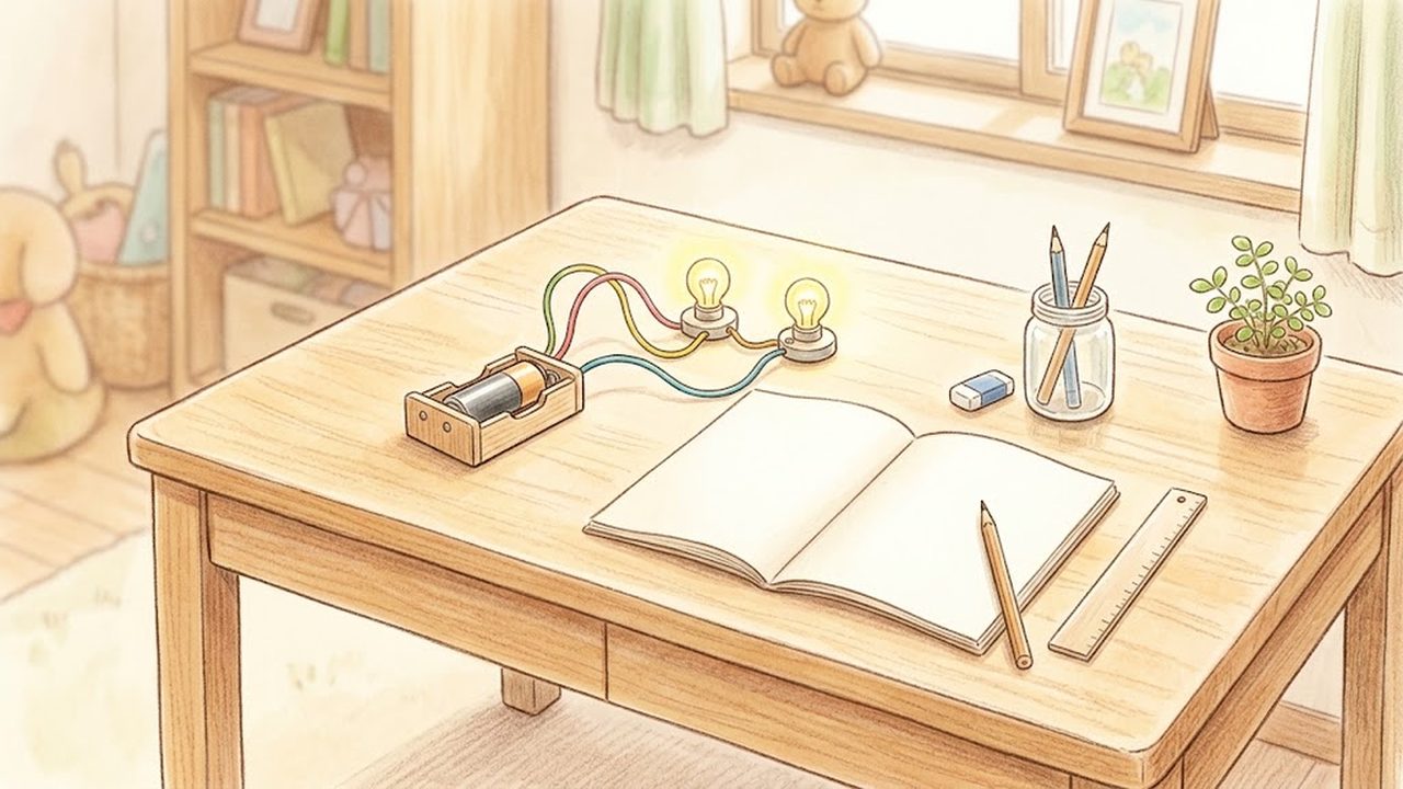 電池と2つの豆電球をつないだ回路の実験セットをやさしく描いた手描き水彩イラスト