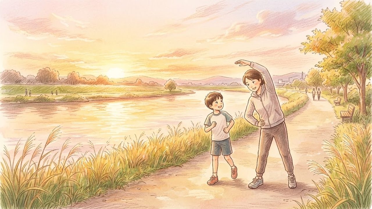 体ほぐしの運動の教え方|家庭で手軽な運動を通して心と体の状態に気付く手描き風イラスト