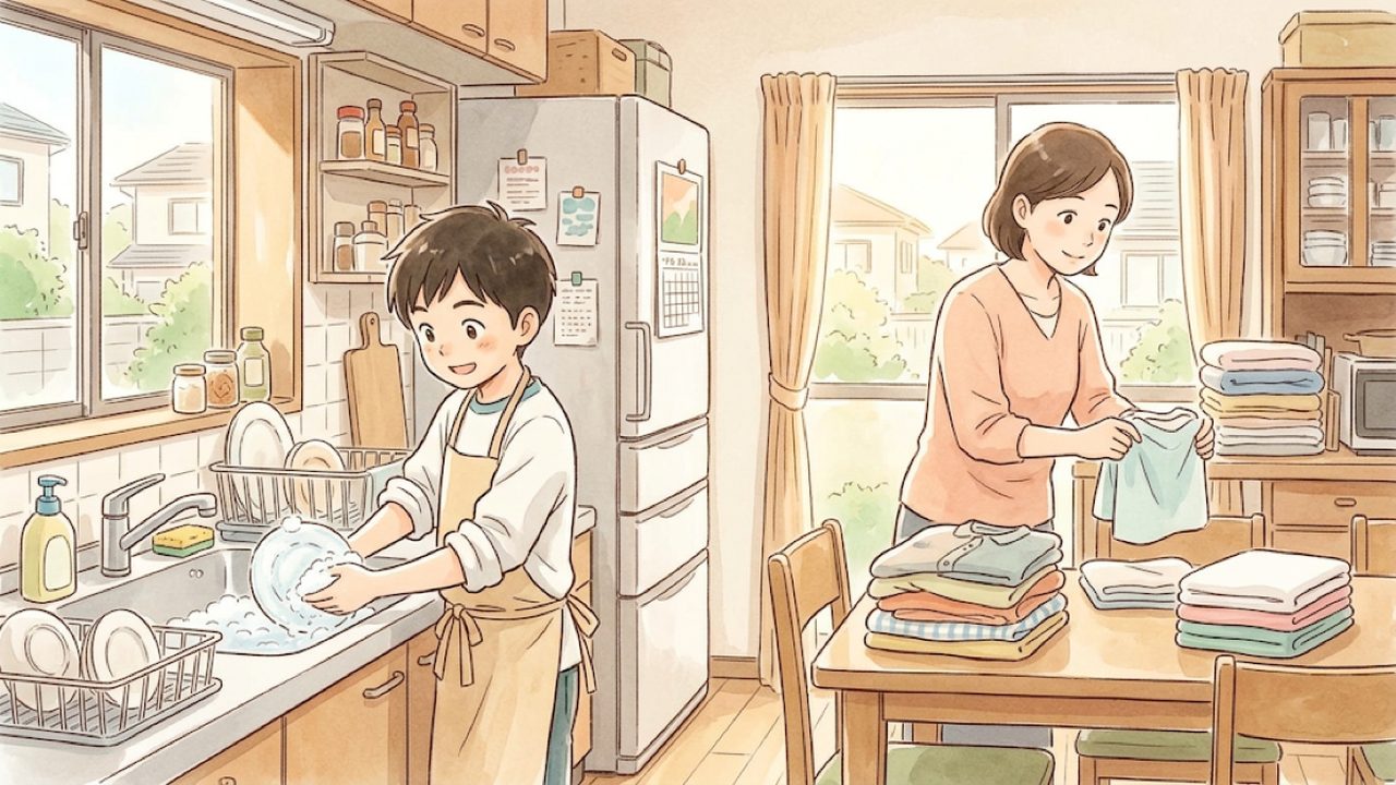 家庭の仕事の分担の工夫|家庭で仕事の計画や分担を話し合って整理するイラスト