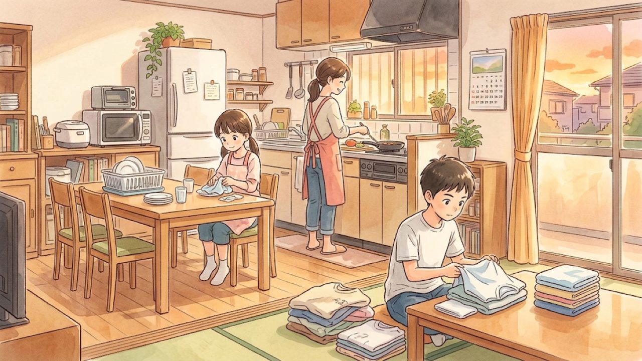 家庭の仕事の分担を学ぶ｜家族で協力して仕事を分担し生活時間を工夫する手描き風イラスト