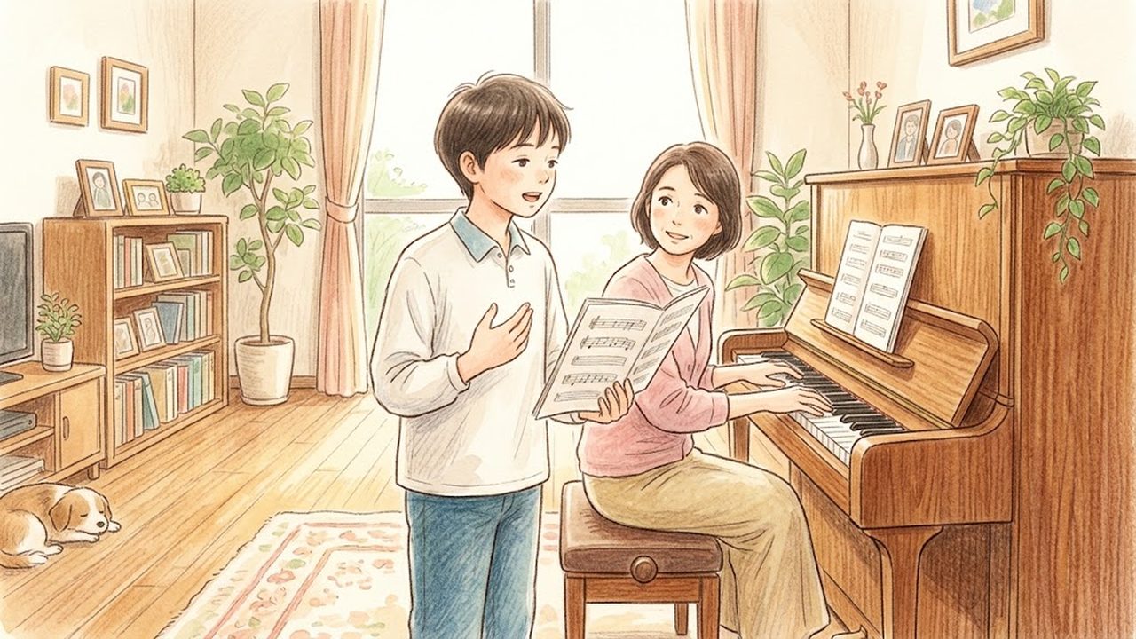 歌唱表現の教え方｜家庭で歌詞の情景や曲想に合わせた歌唱の工夫を確かめる手描き風イラスト