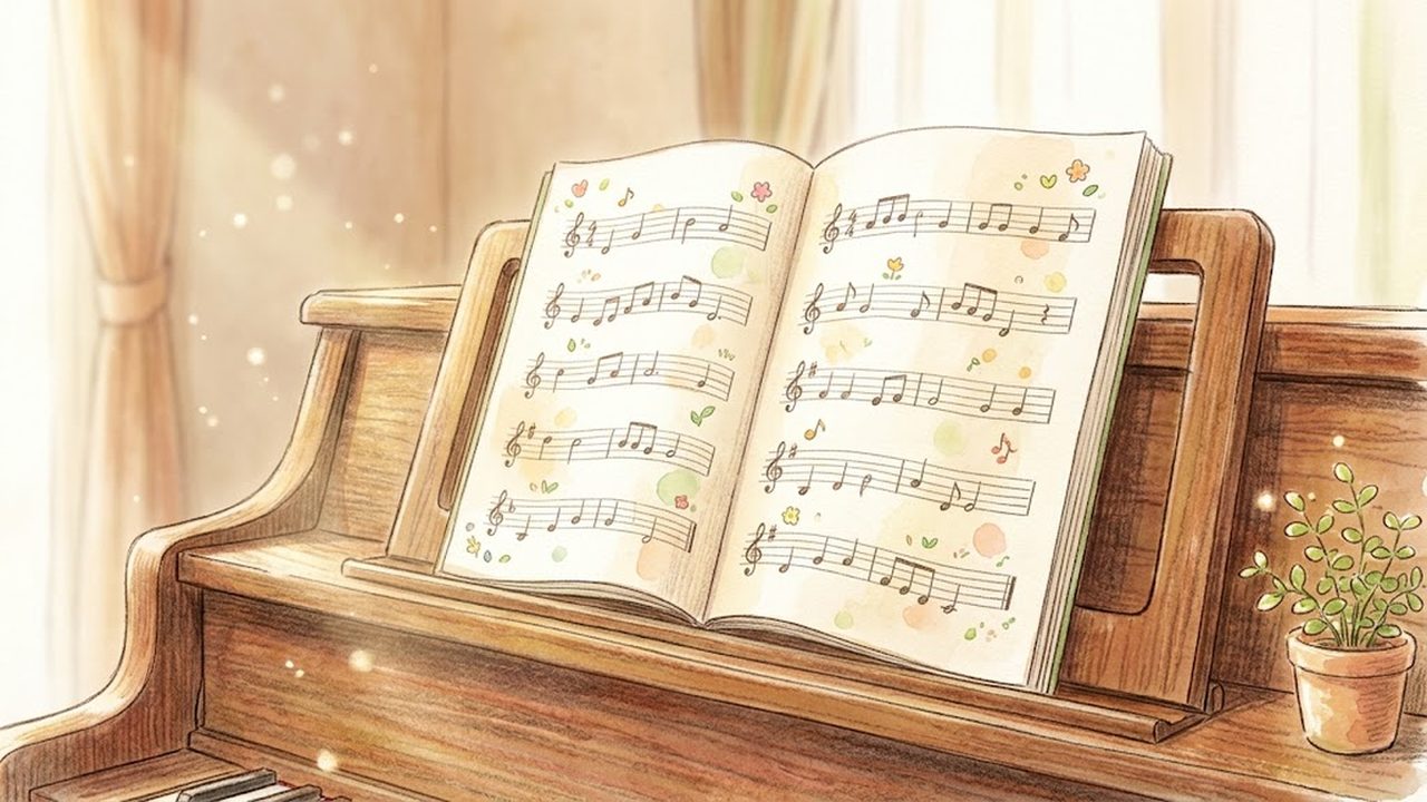木製ピアノの譜面台に開かれた楽譜をやさしく描いた手描き水彩イラスト