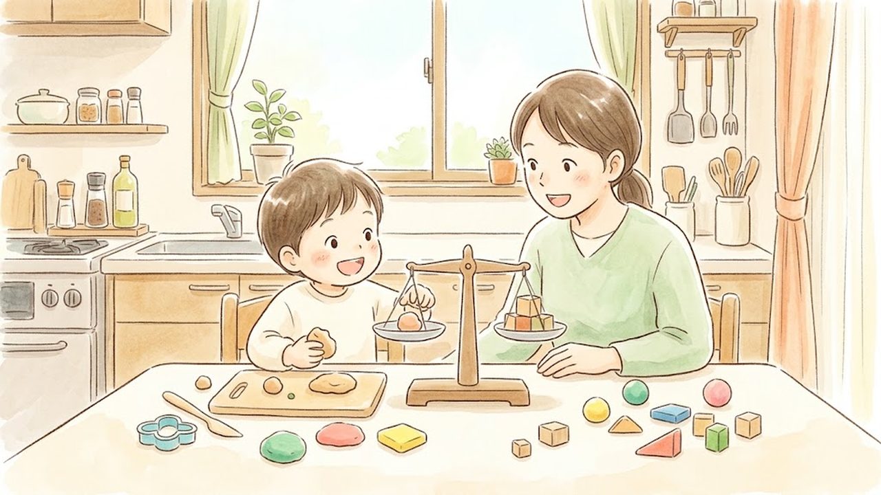 物と重さの教え方｜家庭でキッチンスケールと粘土を使って形と重さの関係を調べる実験の手描き風イラスト