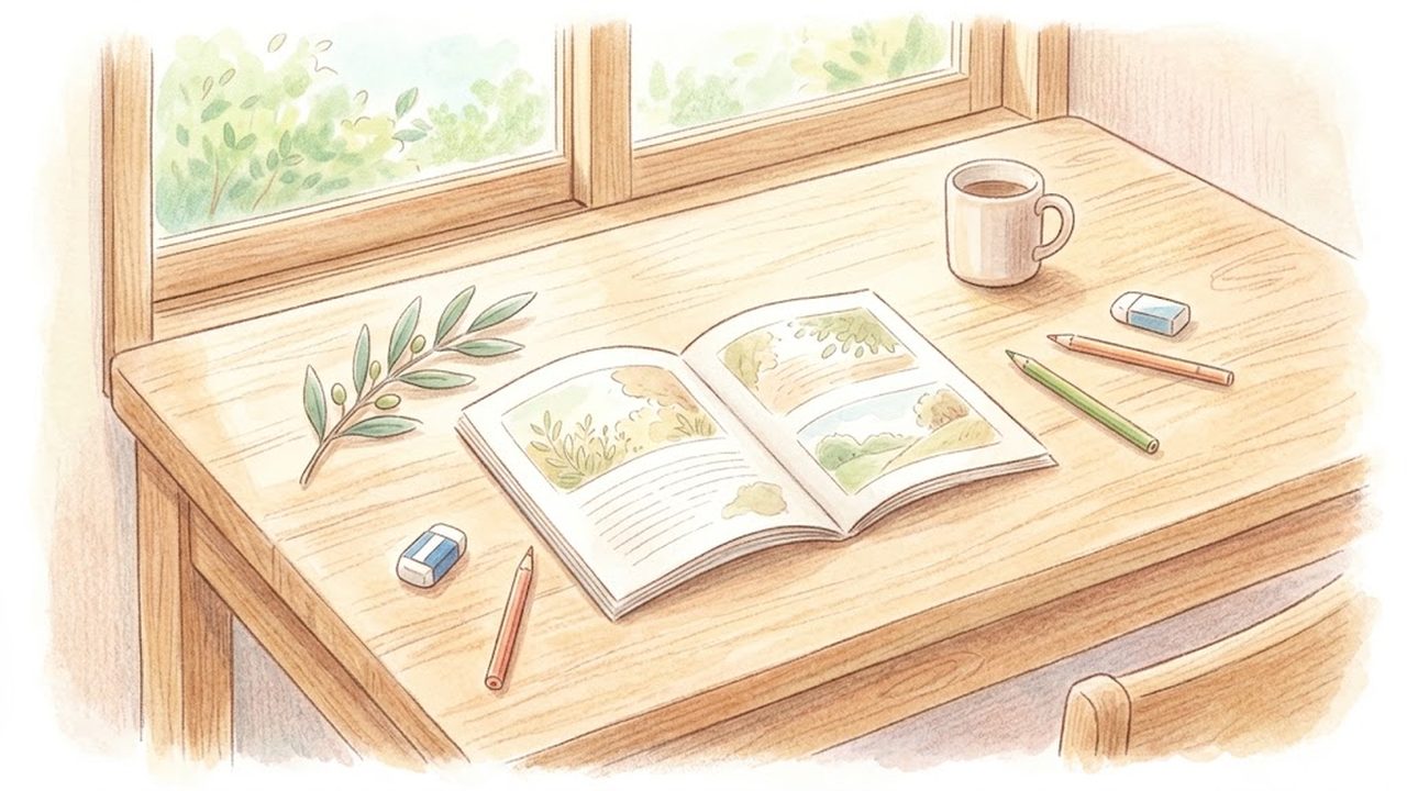 憲法の小冊子と平和を象徴するオリーブの枝をやさしく描いた手描き水彩イラスト