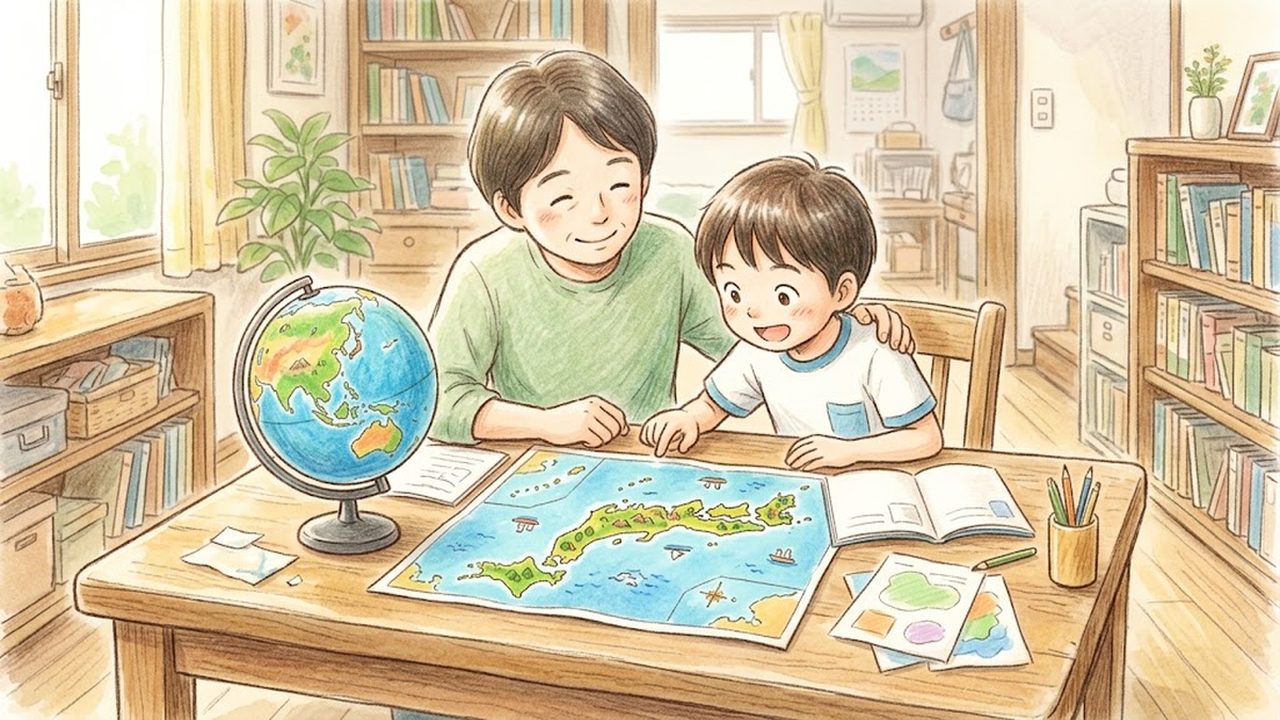 我が国の国土の教え方|家庭で地球儀を使って世界における日本の位置と端の島々を調べる手描き風イラスト