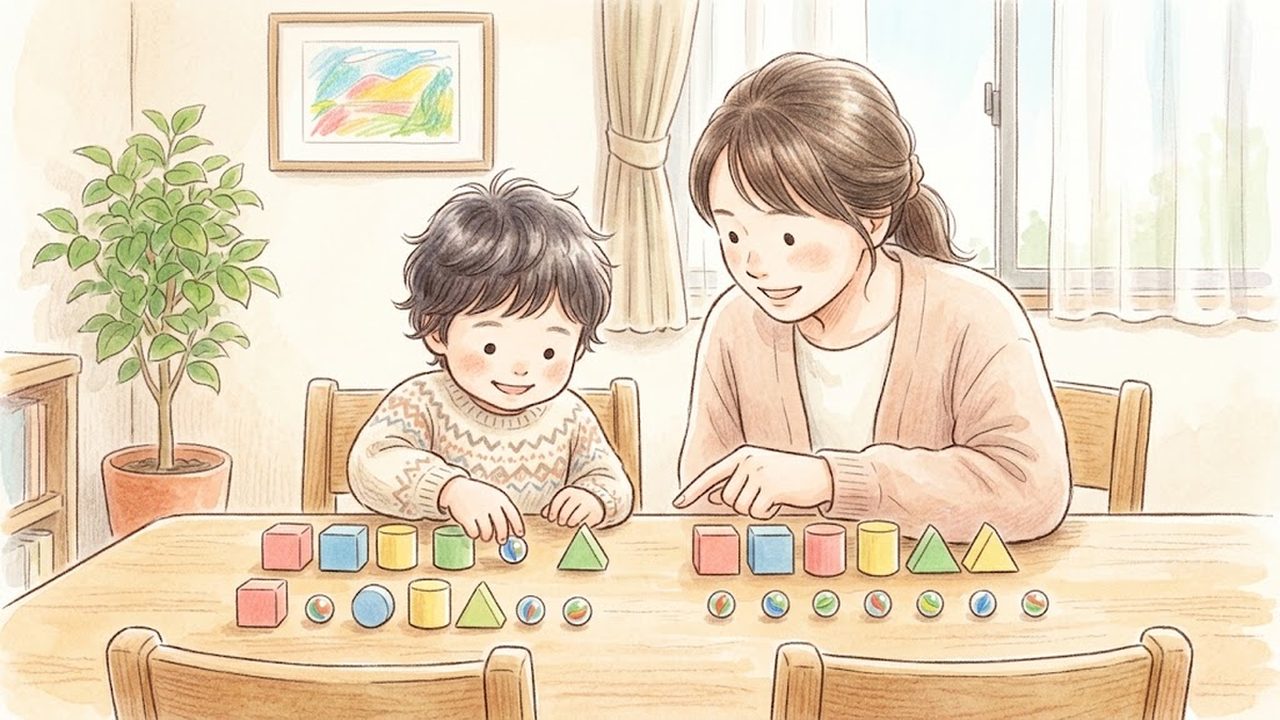 数の数え方の教え方｜家庭でおもちゃやおはじきを並べて個数と順番を確かめる手順の手描き風イラスト