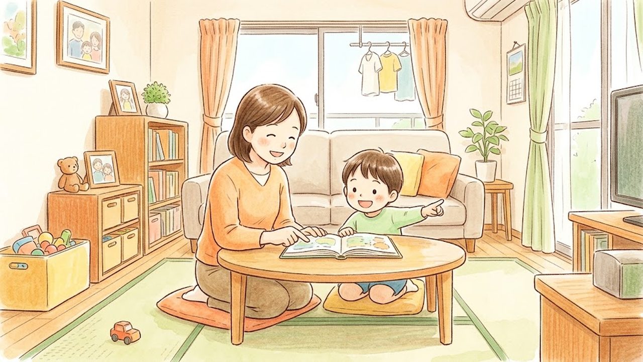 言葉の働きの教え方|家庭で身の回りの物やお散歩の経験を言葉にする手順の手描き風イラスト