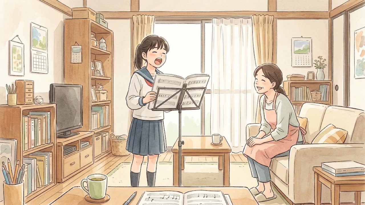 中学1年の音楽|曲想と歌詞や発声の関わりを知る|家庭学習のコツと手順を整理した温かい手描き風イラスト