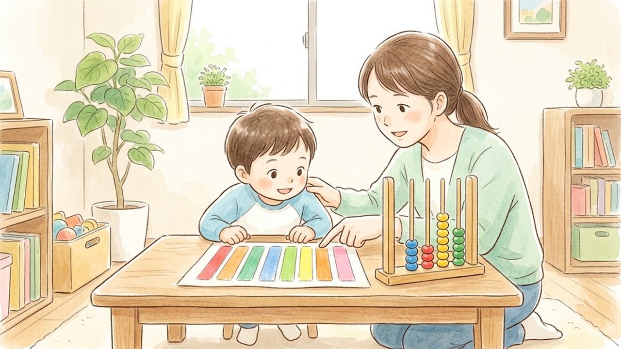 数の相対的な大きさの教え方｜家庭でお金の模型を使って万の位と10倍の仕組みを確かめる手描き風イラスト