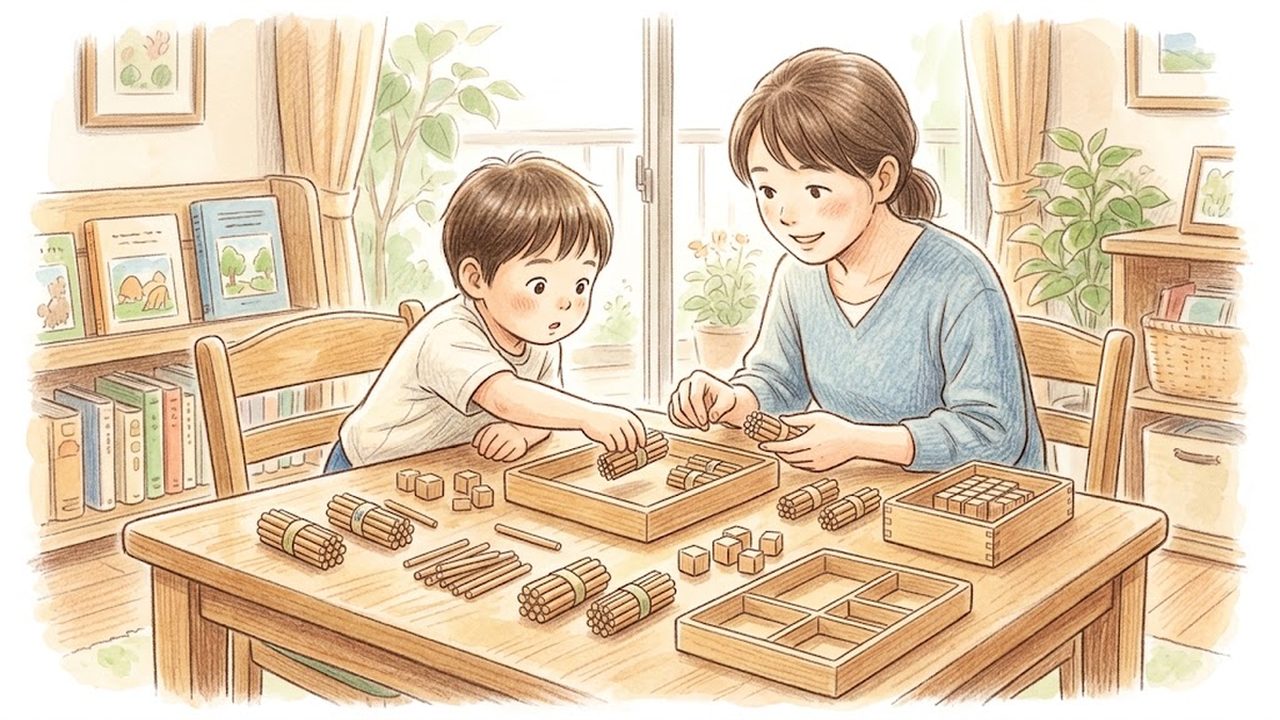 万の単位の教え方｜家庭でお金や位取りカードを使って10000の仕組みを確かめる手順の手描き風イラスト
