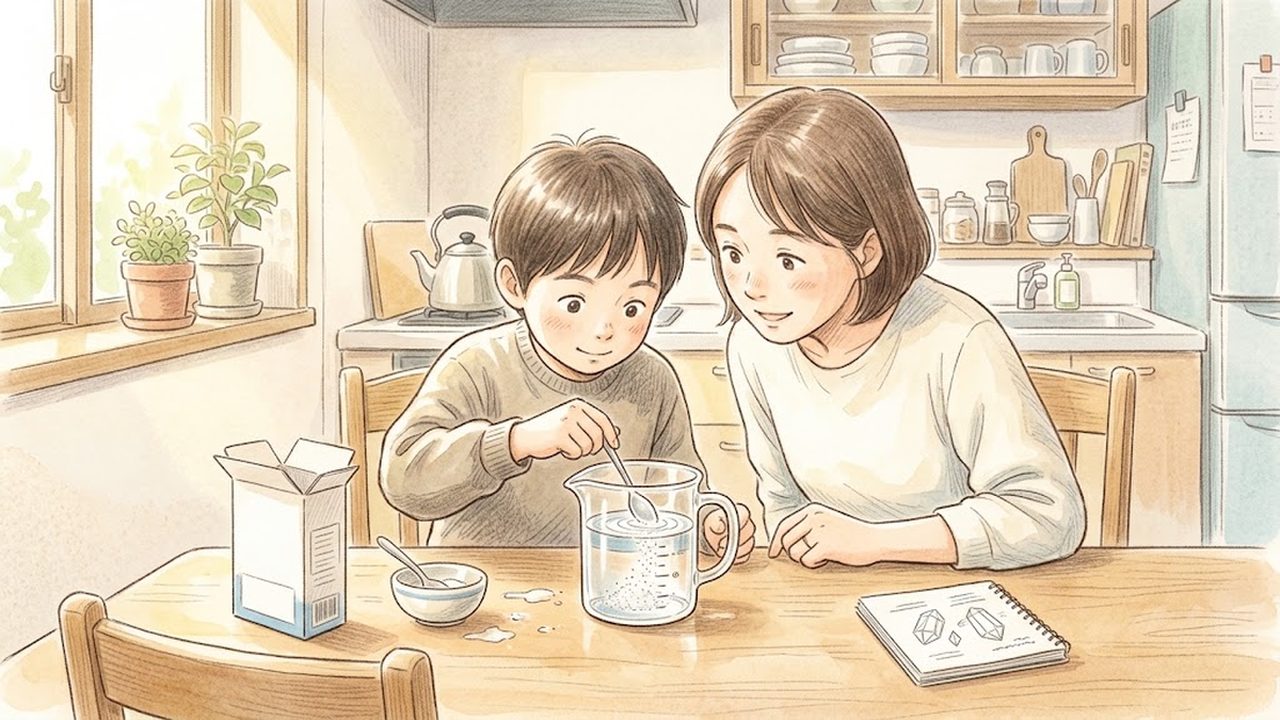 物の溶け方の教え方|家庭でコップと食塩を使って水溶液の重さの保存を調べる実験の手描き風イラスト
