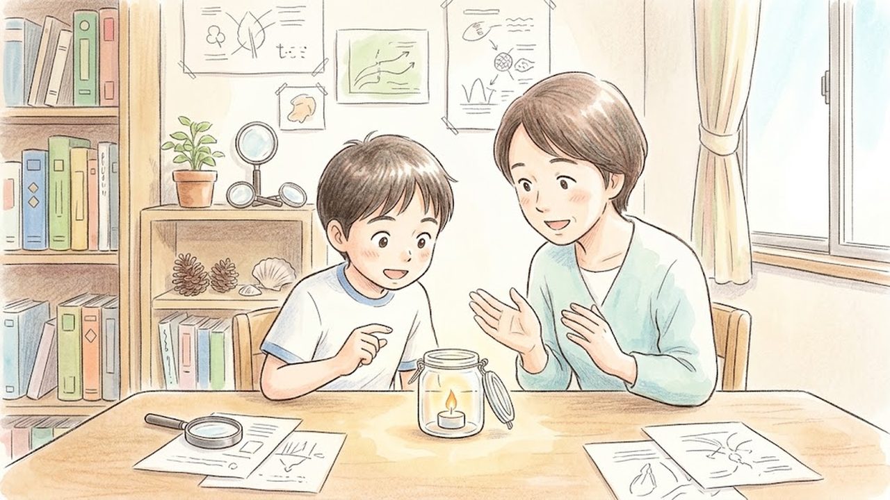 物が燃える仕組みの教え方｜家庭で燃焼の条件と空気中の気体の変化を整理する手描き風イラスト