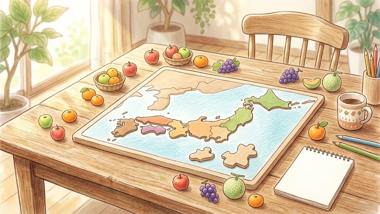 日本の地方区分パズルと各地の農産物を並べた手描き水彩イラスト