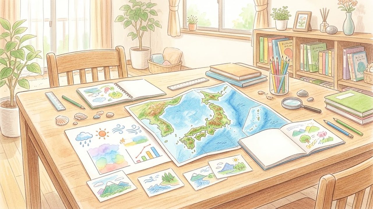 日本列島の立体地形図と気候資料を広げた机の様子をやさしく描いた手描き水彩イラスト