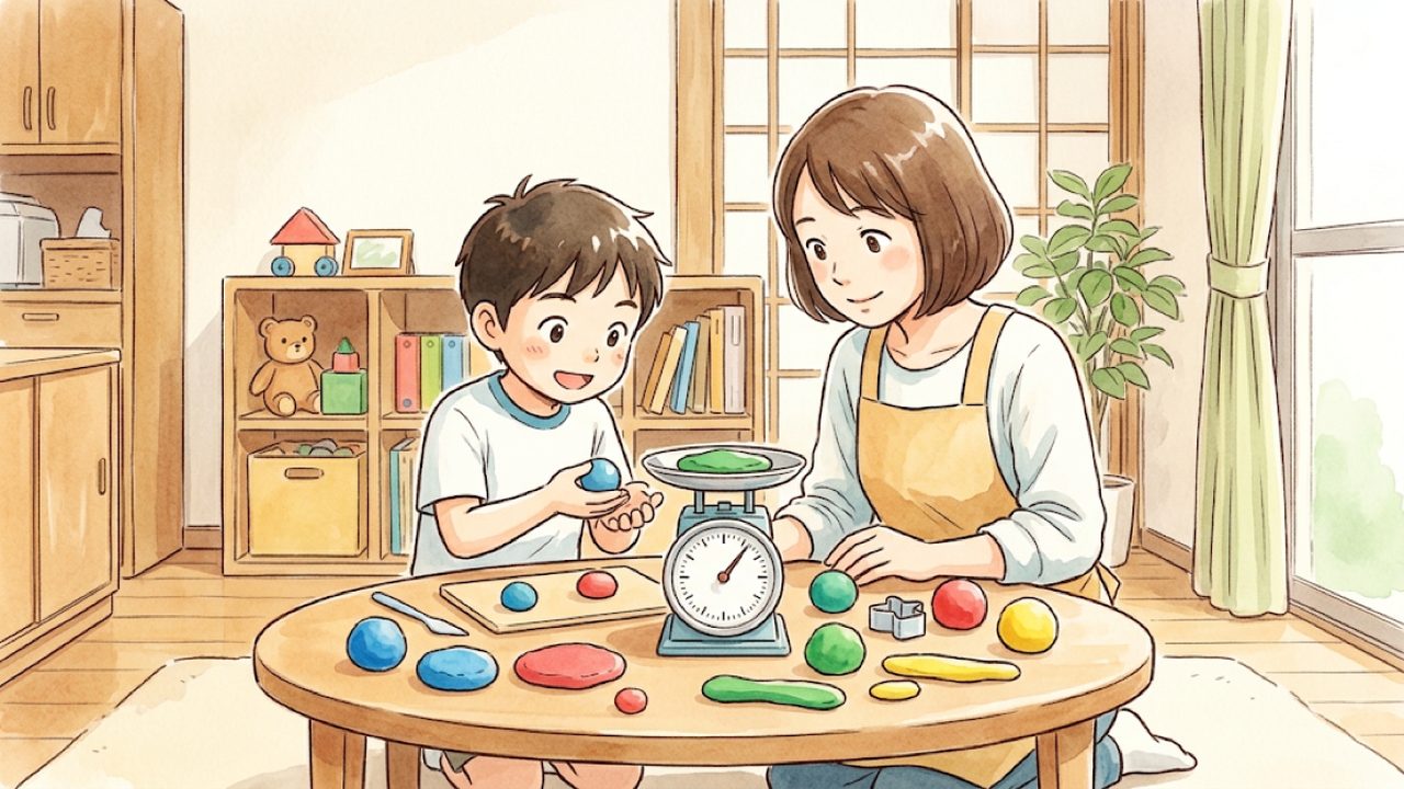 物の形や体積と重さの教え方|家庭で粘土や身の回りの物を使って重さと体積の関係を比べる手描き風イラスト