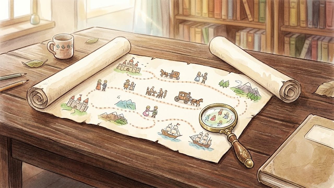 歴史年表の絵巻とルーペが置かれた机の様子をやさしく描いた手描き水彩イラスト