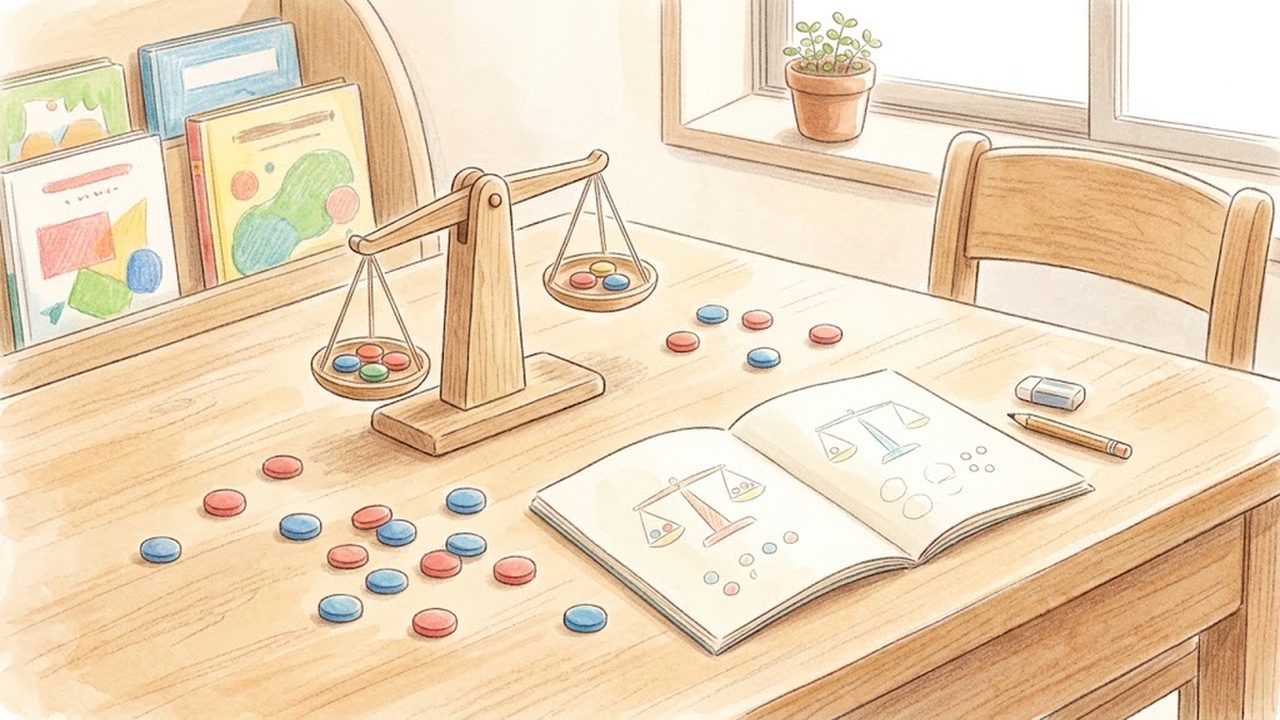 小さな天秤とおはじきを使って連立方程式の仕組みを確かめる手描き水彩イラスト