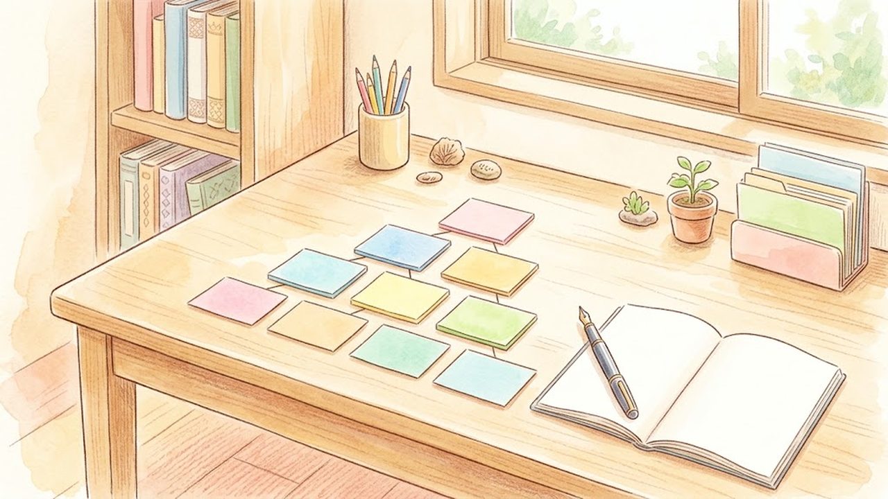 論理的な構成を付箋メモで組み立てる机の様子をやさしく描いた手描き水彩イラスト