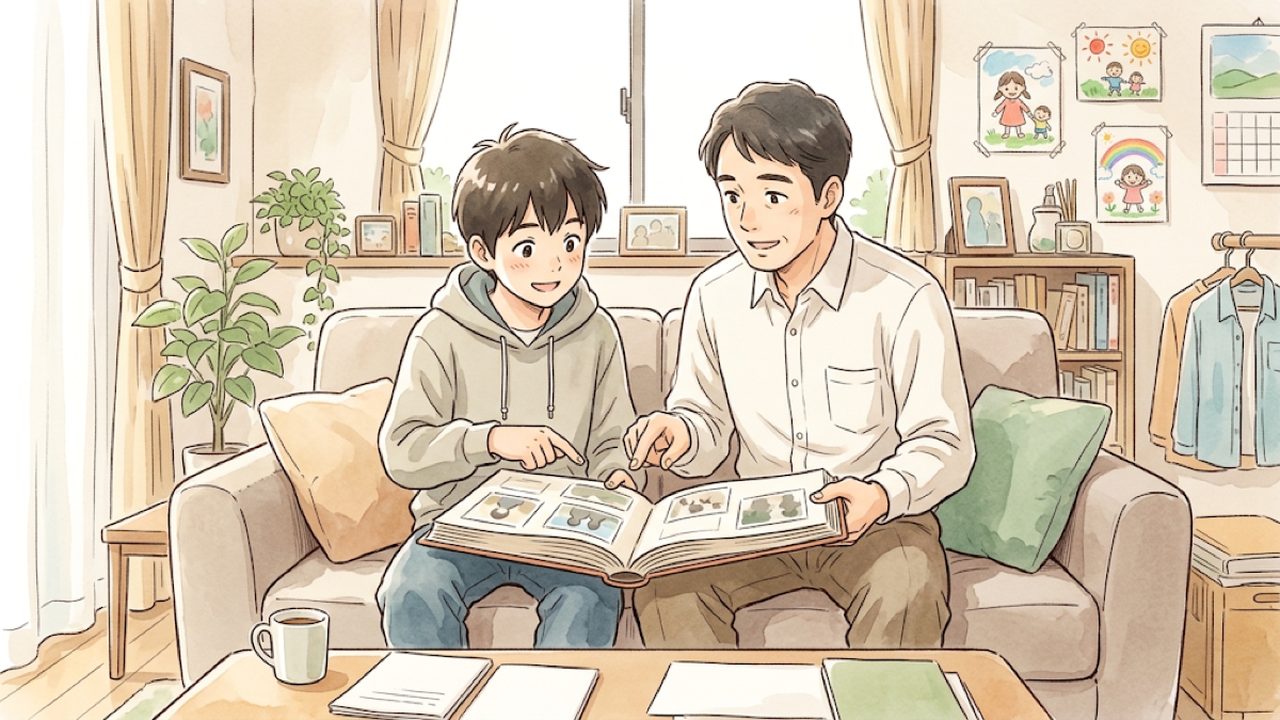 中学1年の家庭科｜成長と家族の支えを学ぶ｜家庭学習のコツと手順を整理した温かい手描き風イラスト