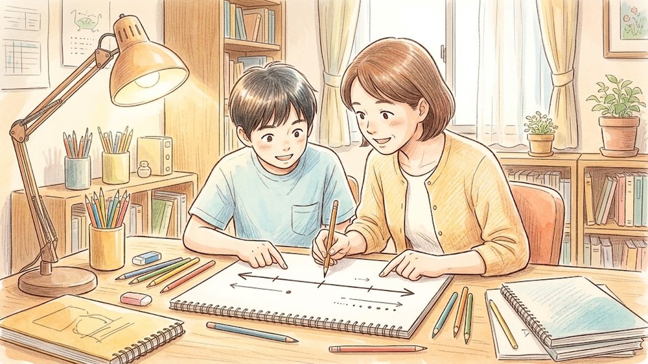 正の数と負の数の教え方|家庭で数直線と符号の計算ルールを整理する手描き風イラスト