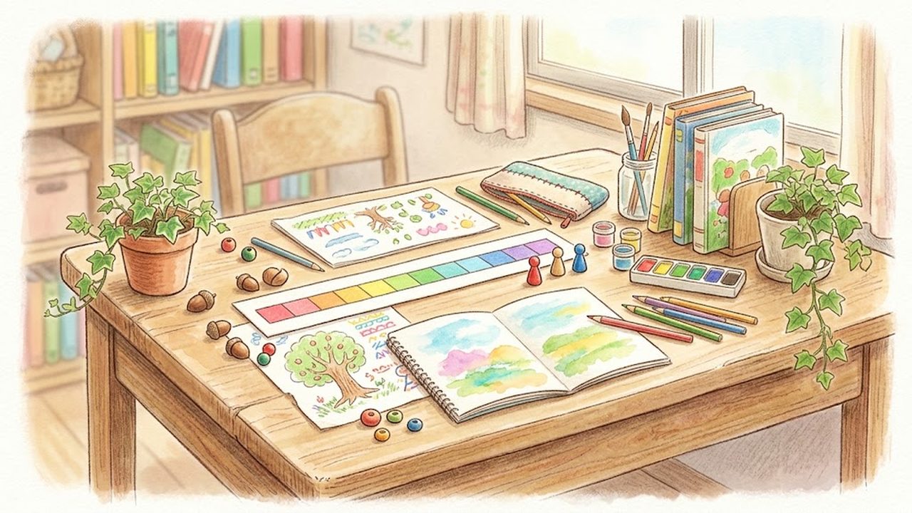 数直線カードと木製コマを使って正負の数の計算を確かめる手描き水彩イラスト