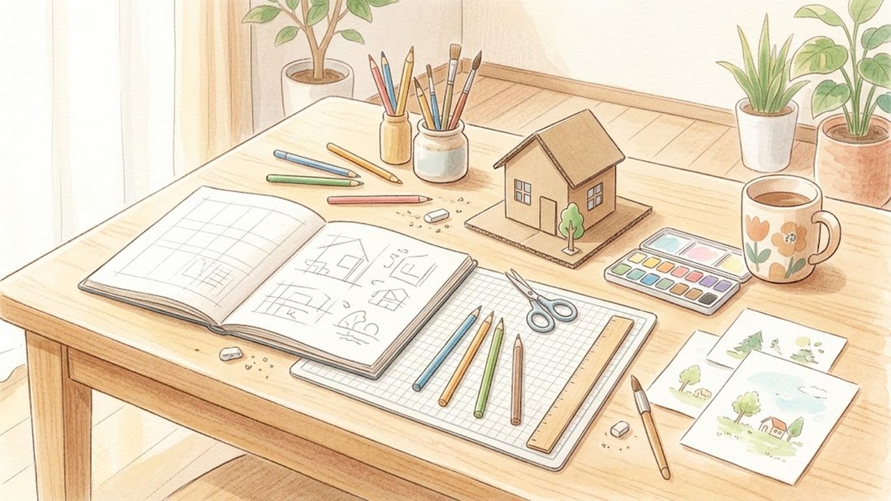 方眼紙の設計図面と小さな試作模型が並ぶ机の様子をやさしく描いた手描き水彩イラスト