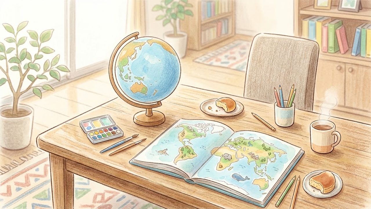 リビングの机に置かれた小さな地球儀と世界地図をやさしく描いた手描き水彩イラスト