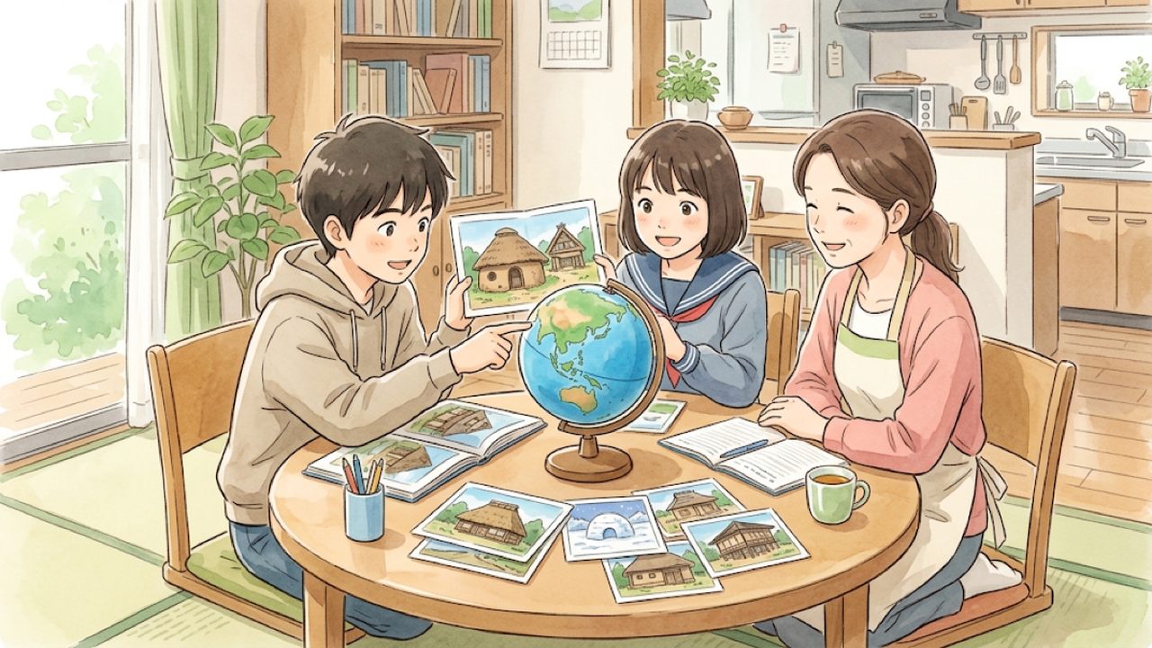 中学1・2年の社会|世界の暮らしと環境を調べてつかむ|家庭学習のコツと手順を整理した温かい手描き風イラスト