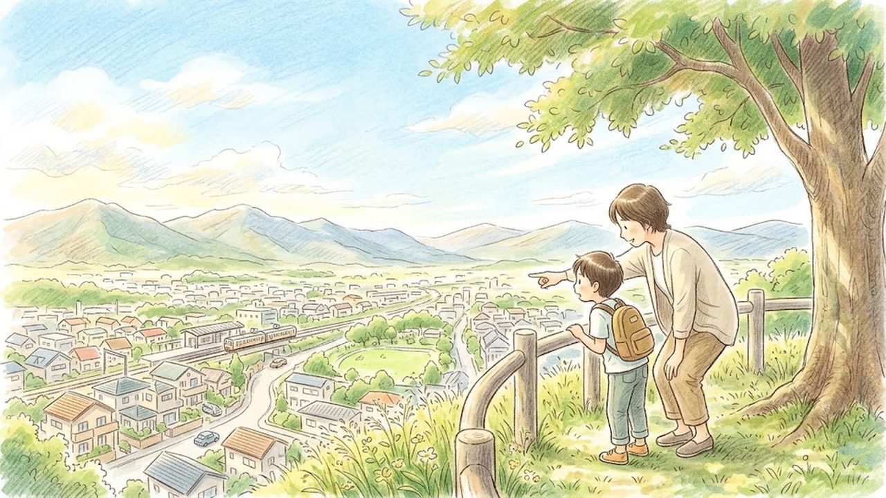 市の様子の教え方｜家庭で白地図を使って身近な地域と公共施設を調べる手順の手描き風イラスト