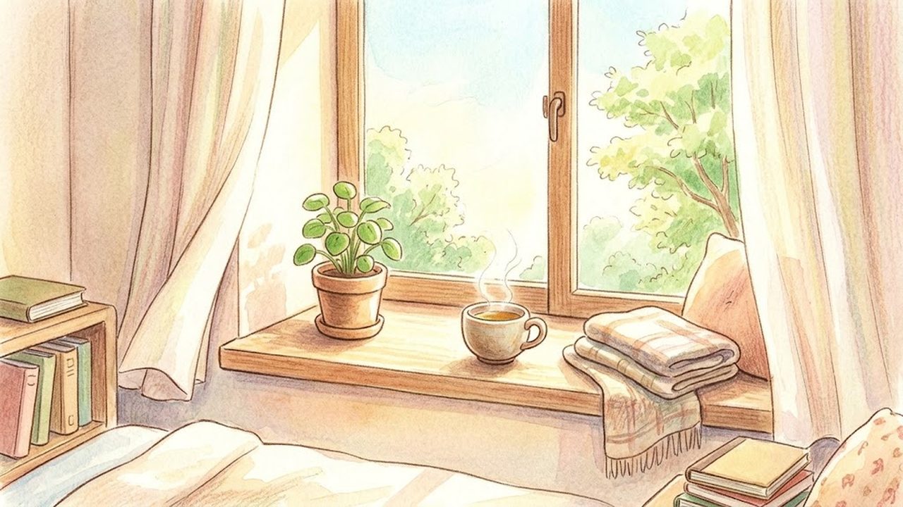 窓辺の小さな観葉植物とハーブティーをやさしく描いた手描き水彩イラスト