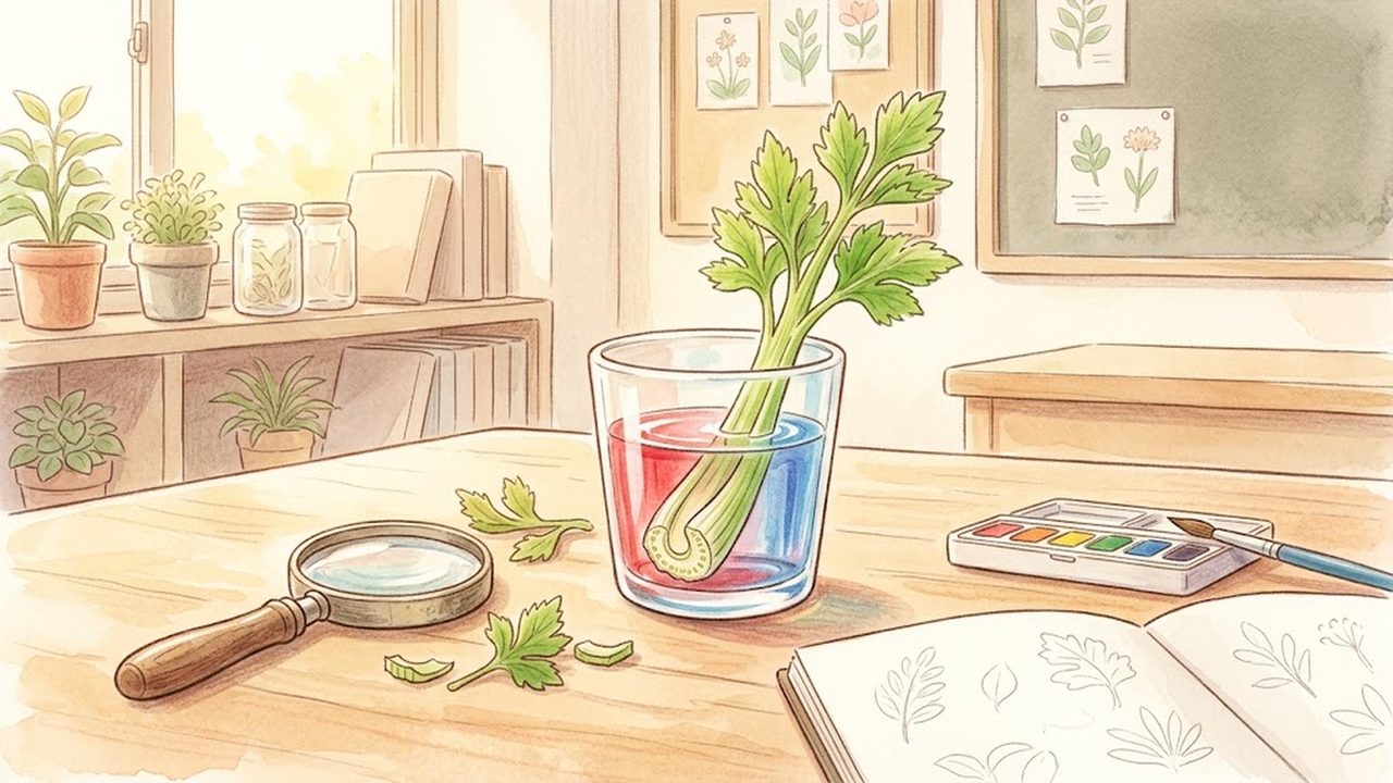 色水を吸わせた植物の茎の断面とルーペをやさしく描いた手描き水彩イラスト