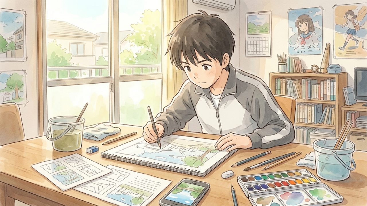 中学1年の美術｜主題と構成を考え表現の構想を練る｜家庭学習のコツと手順を整理した温かい手描き風イラスト