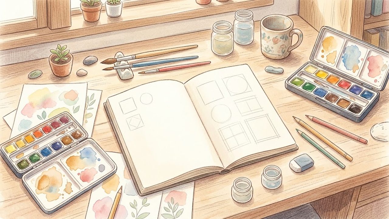 スケッチブックに構図のアイデアを描きためる美術机の様子をやさしく描いた手描き水彩イラスト