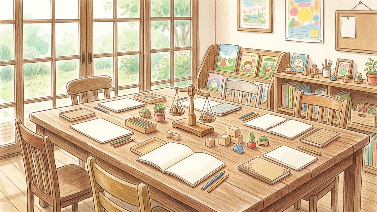 木製の小さな天秤とノートが置かれた対話の机をやさしく描いた手描き水彩イラスト