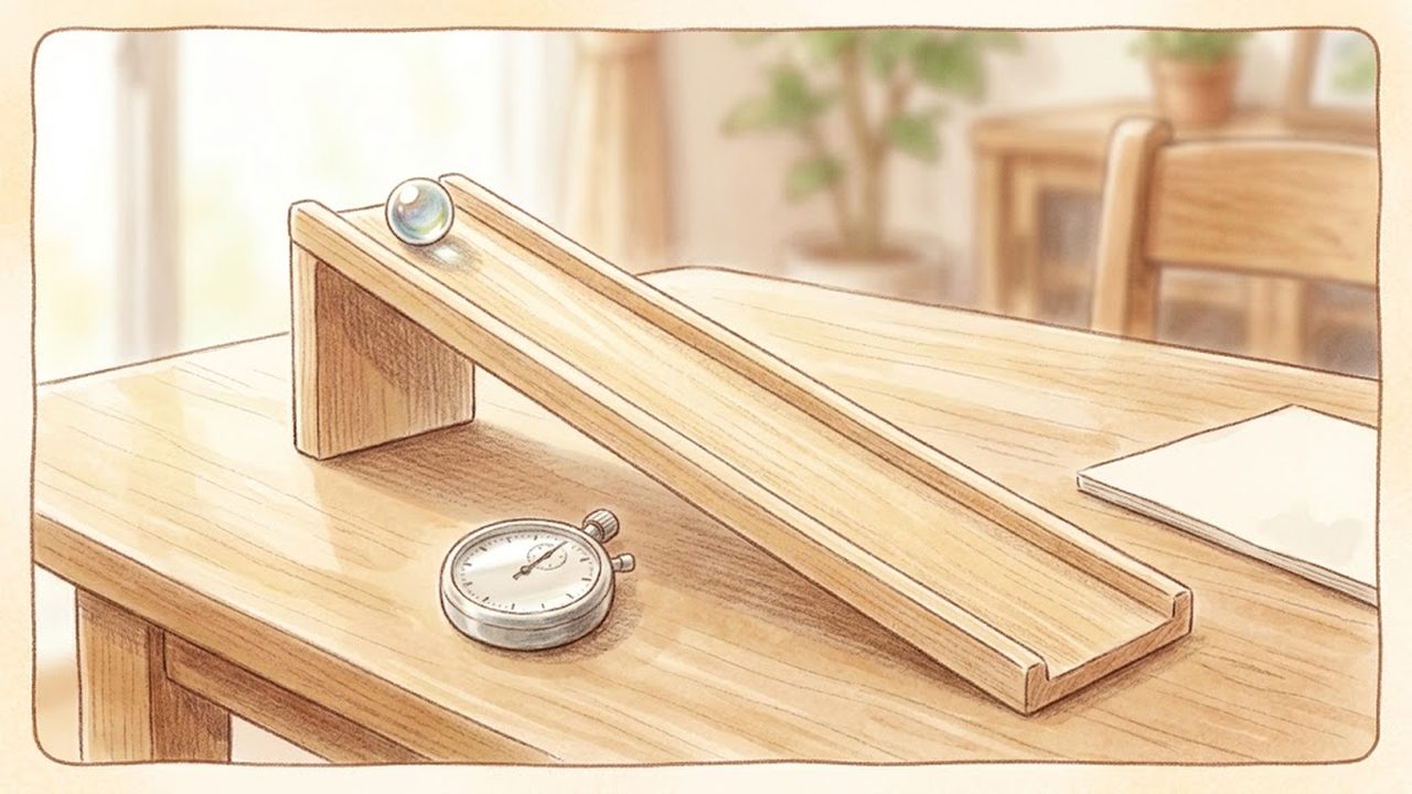 木製の小さなスロープとビー玉を使った実験の様子をやさしく描いた手描き水彩イラスト