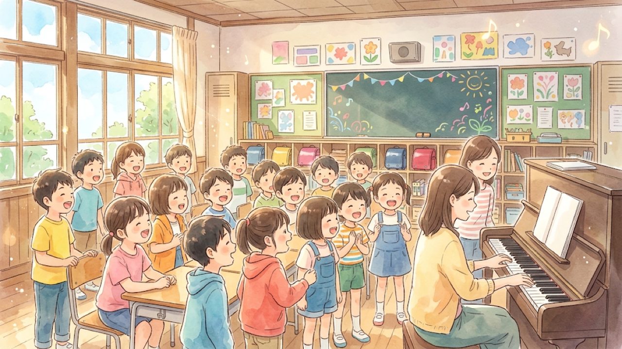 小学1・2年の歌の教え方｜家庭で範唱を聴いてまねて歌ったり声を合わせて歌ったりする手描き風イラスト