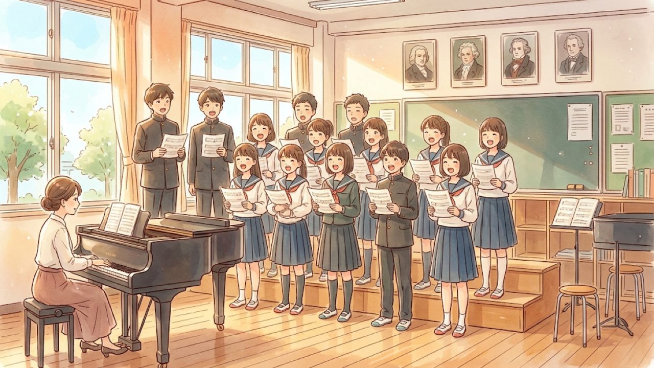 歌う技能と声を合わせて歌う学び｜家庭で発声や姿勢、全体の響きを聴き合うポイントを整理する手描き風イラスト