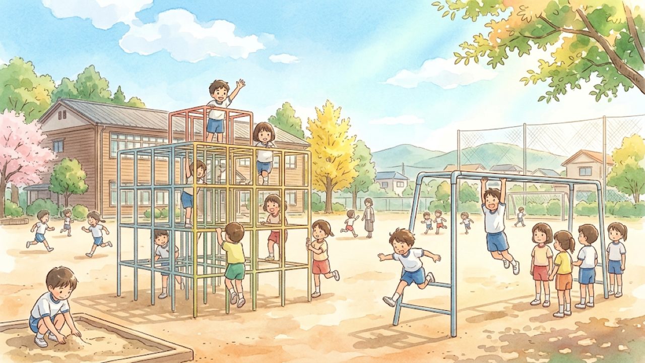小学1・2年の体育｜固定施設を使った登り下りや懸垂移行、渡り歩きや跳び下りの運動遊びのイラスト