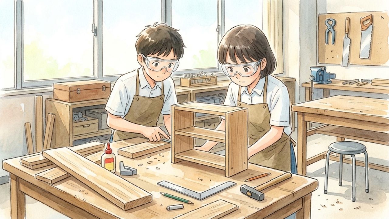中学1〜3年の技術｜課題に合う材料加工を設計し改善する｜家庭学習のコツと手順を整理した温かい手描き風イラスト
