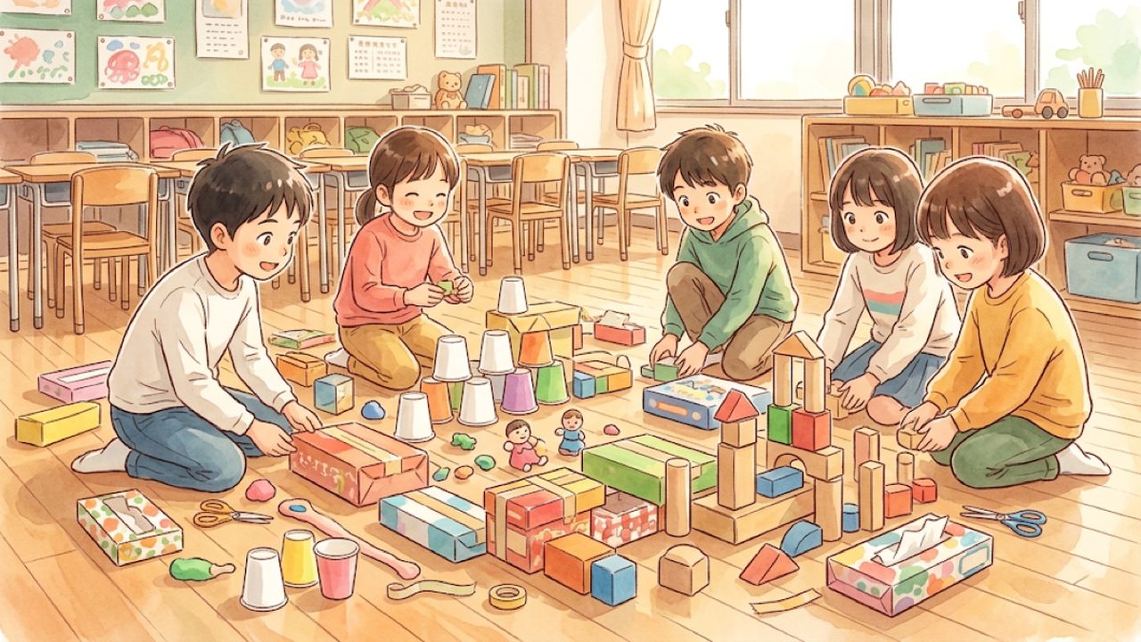 材料と用具で造形遊びを工夫する教え方｜身近な材料を並べたりつないだり積んだりして遊ぶ手描き風イラスト