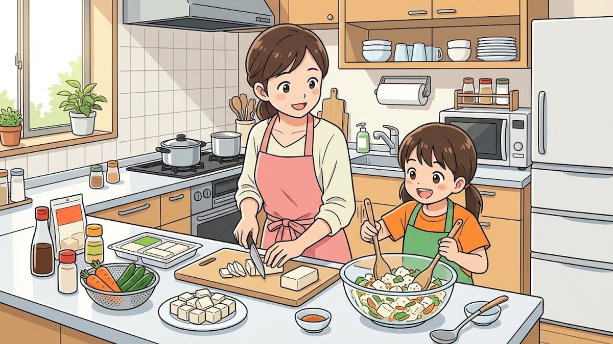 台所で包丁を使うお母さんと、混ぜる子どものようす