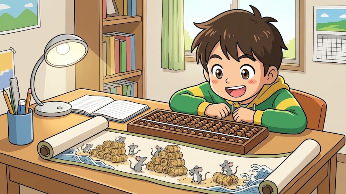 机でそろばんとねずみ算の絵巻を前に、笑う男の子のようす
