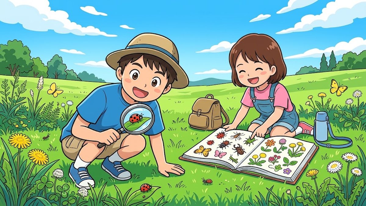野原で虫めがねをのぞく男の子と、図鑑を開く女の子のようす