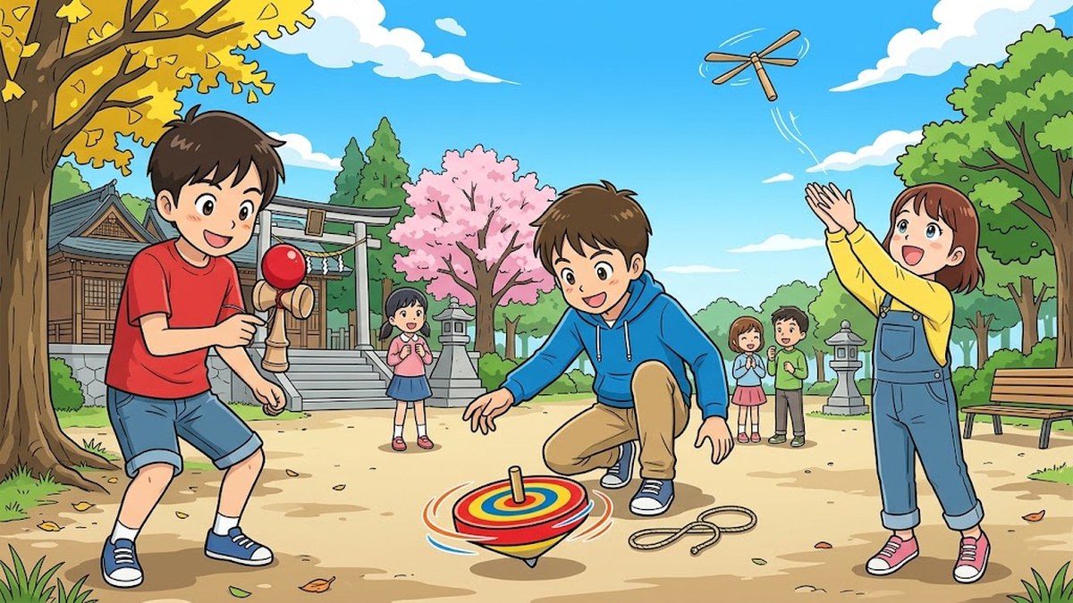 公園でけん玉をする男の子と、こまや竹とんぼで遊ぶ子どもたちのようす